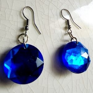 Deep blue faceted glass drop earrings, shabby chic, pair with a white tee